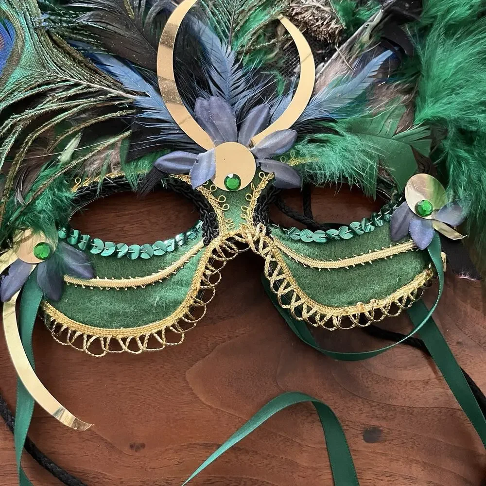 Vintage Gypsy Renaissance Handcrafted Peacock Feather Mask Alexis Green/Blue
